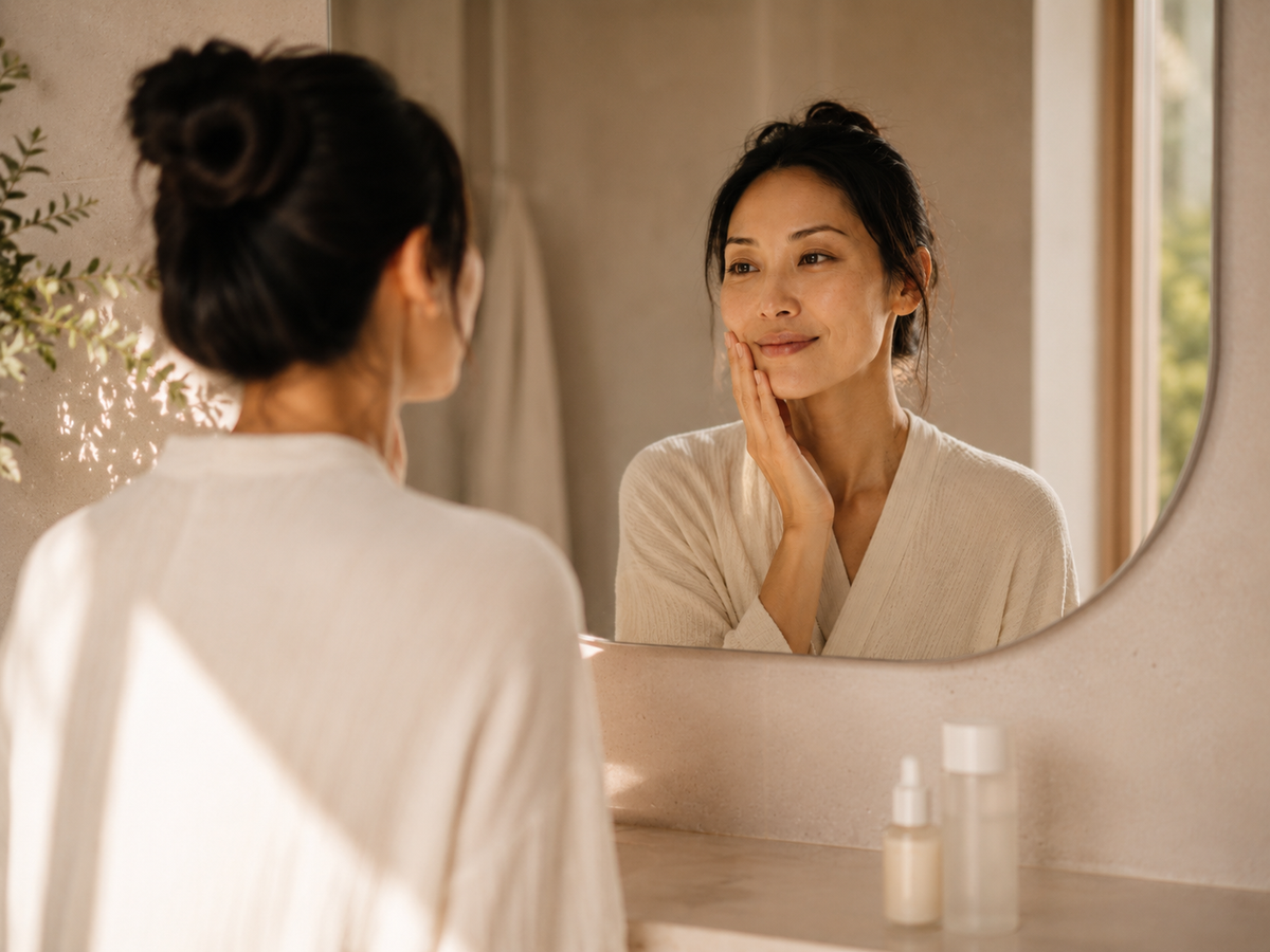 Woman touching her face while looking in a bathroom mirror, morning skincare routine