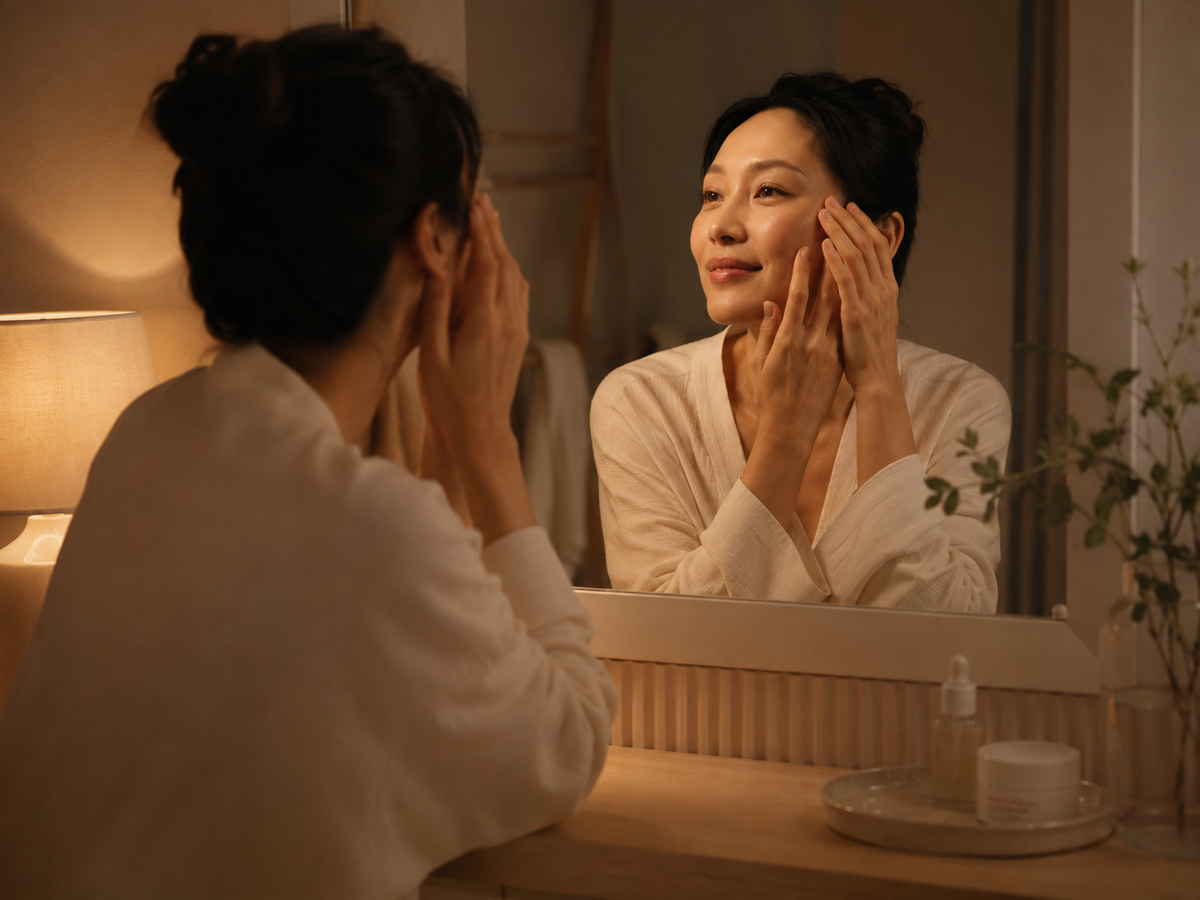 Woman applying skincare to her face in the mirror under warm lamp light, evening routine