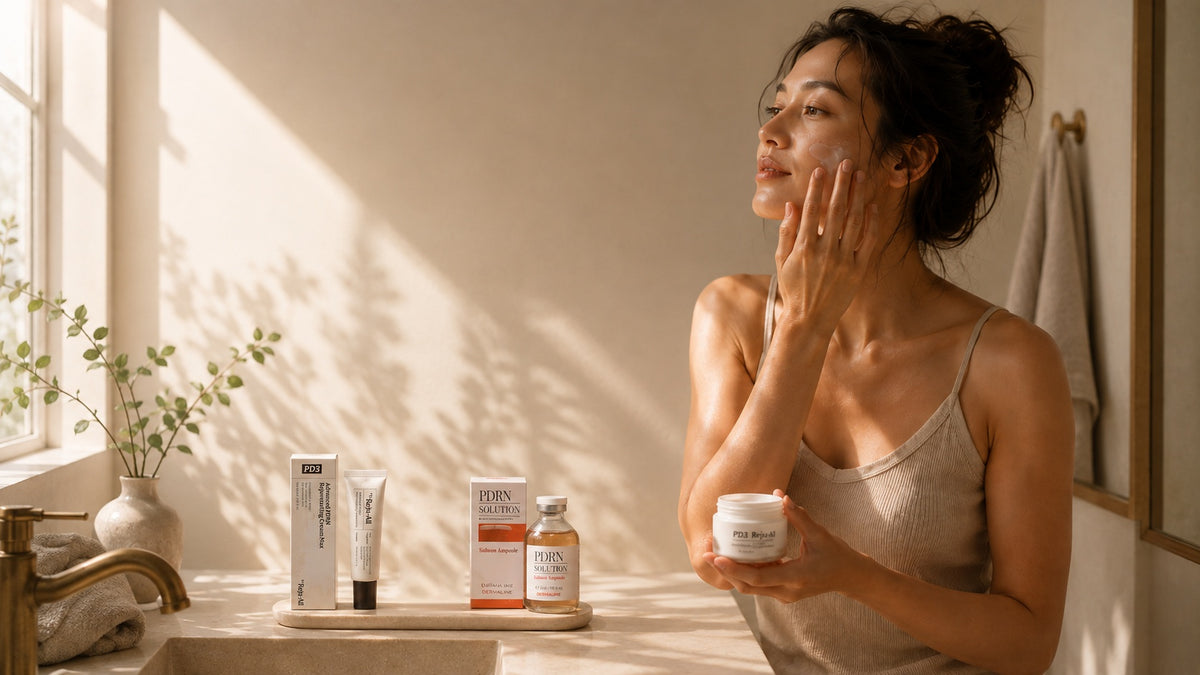 Woman applying skincare in warm morning light, Ctrl Zed hero