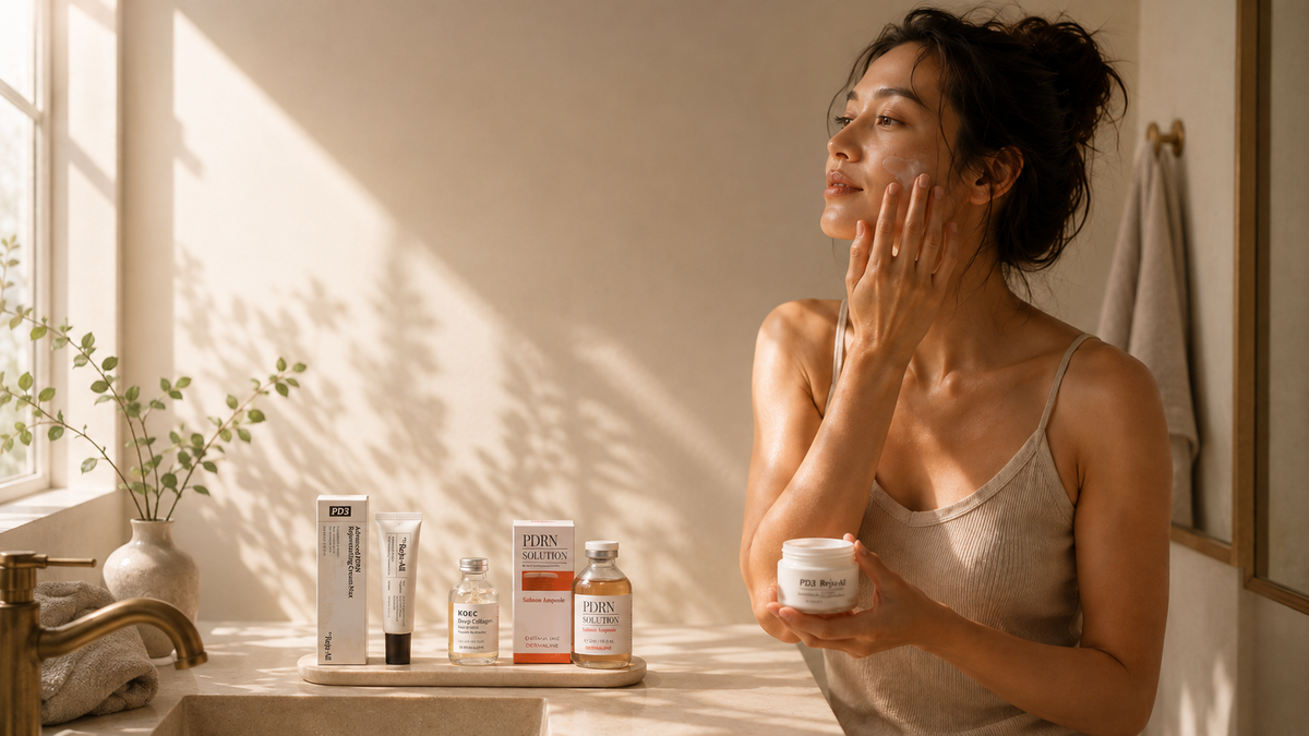 Woman applying skincare in warm morning light, Ctrl Zed hero