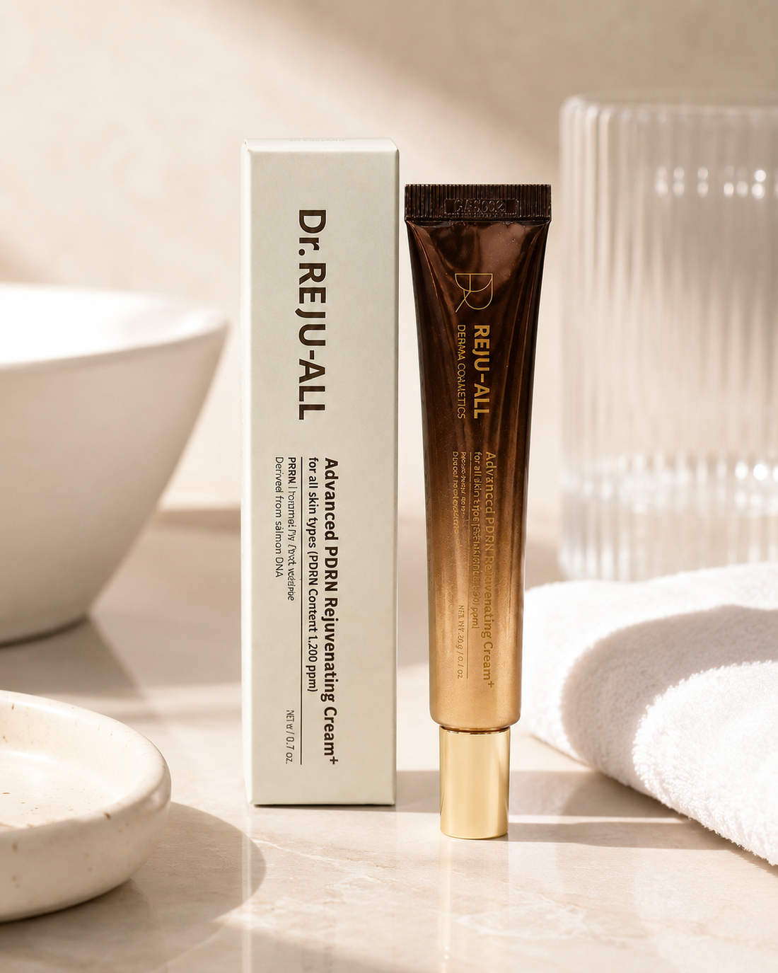 Dr. Reju-All PDRN cream in a bathroom lifestyle setting